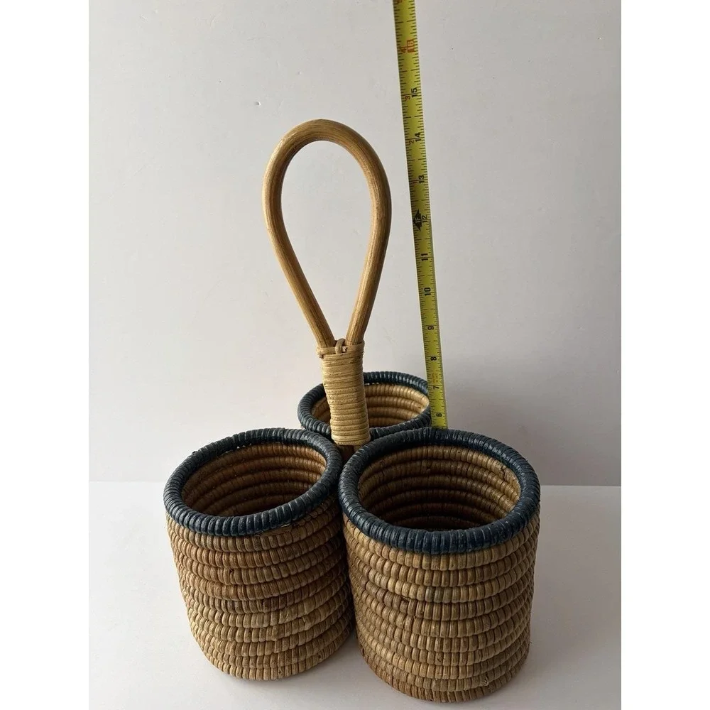 Vintage Woven‎ Rattan 3 Compartment Caddy Basket w Handle Boho